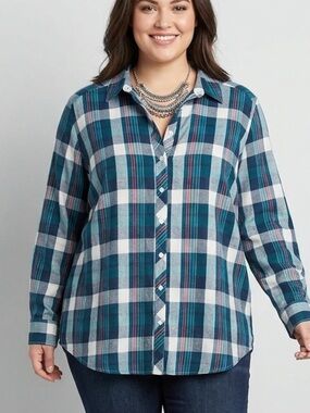 DC Women's Cotton Plaid Button-Up Shirt in Teal, Navy & White 1X